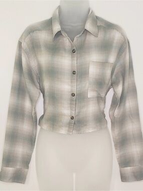 Hollister Cropped Sage Green Flannel Plaid Button Up Long Sleeve Women’s Large